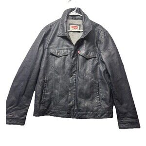 Levi's® Mens Dark Blue Faux Leather Midweight Trucker Jacket Size Large Biker